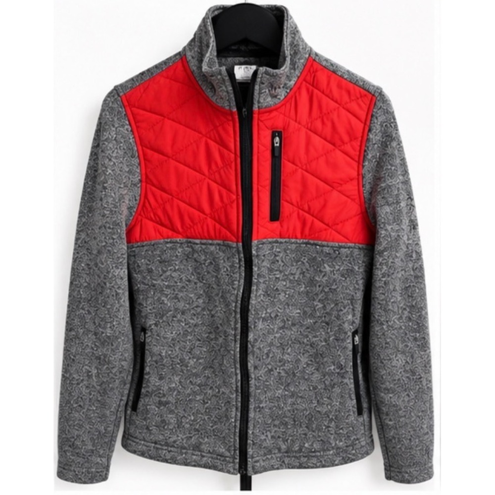 Zyia Active Women Gray Fleece Red Quilted Mixed Media Full Zip Jacket Small